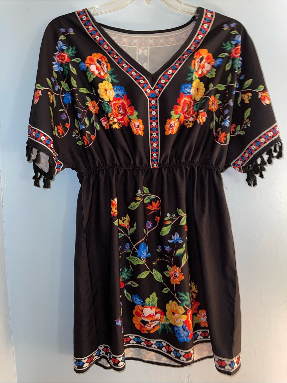 SHEIN Black Floral Tassel V-Neck Mini Dress. Size XL